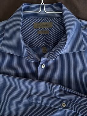 15.5 Calvin Klein Men's Dress Shirt - Navy Blue with White Pinstripes